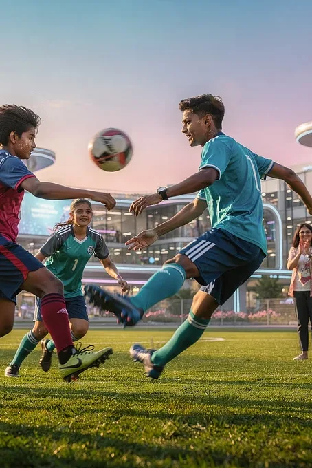 Young football players competing on a football field
