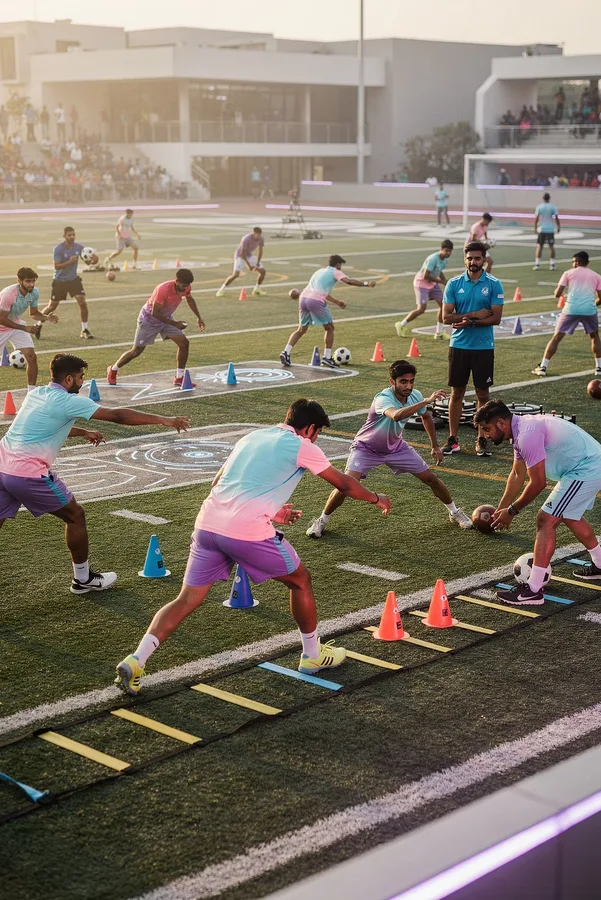 Football participants completing skill and agility activities